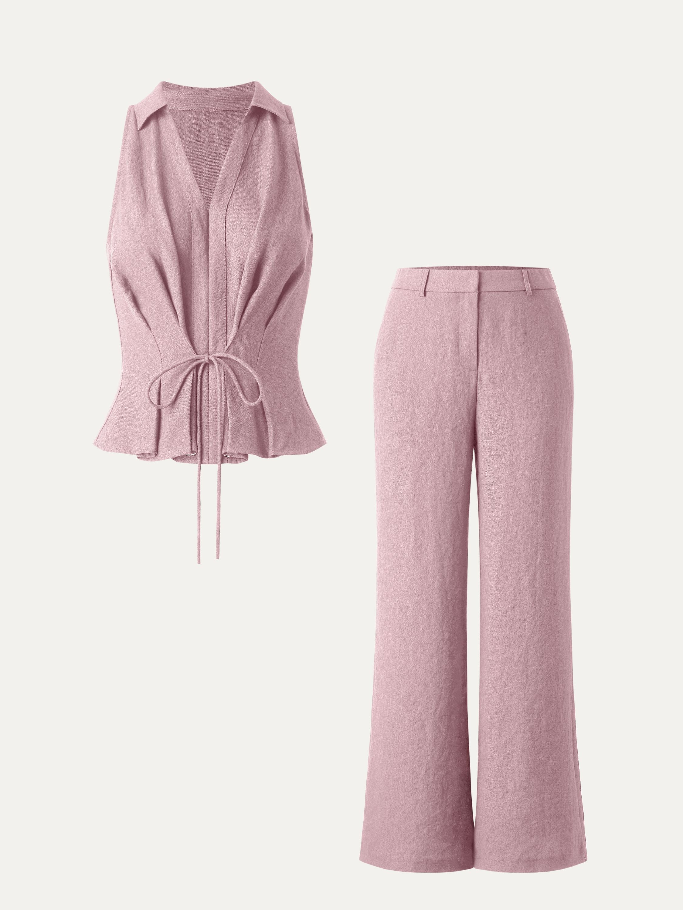 2Pcs Set Collared V-neck Sleeveless Top & Mid Rise Flared Pant with Pockets