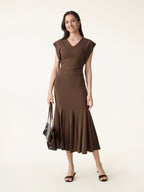 2Pcs Set Cotton Lyocell V-Neck Summer Tee & Flowy Flared Midi Skirt