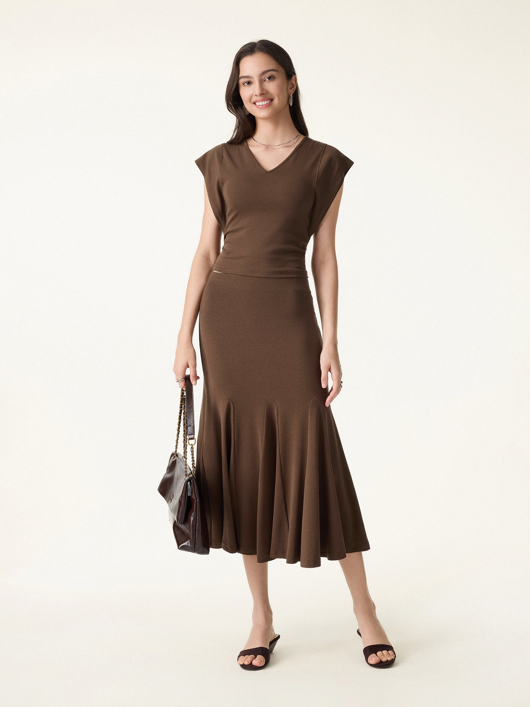 2Pcs Set Cotton Lyocell V-Neck Summer Tee & Flowy Flared Midi Skirt