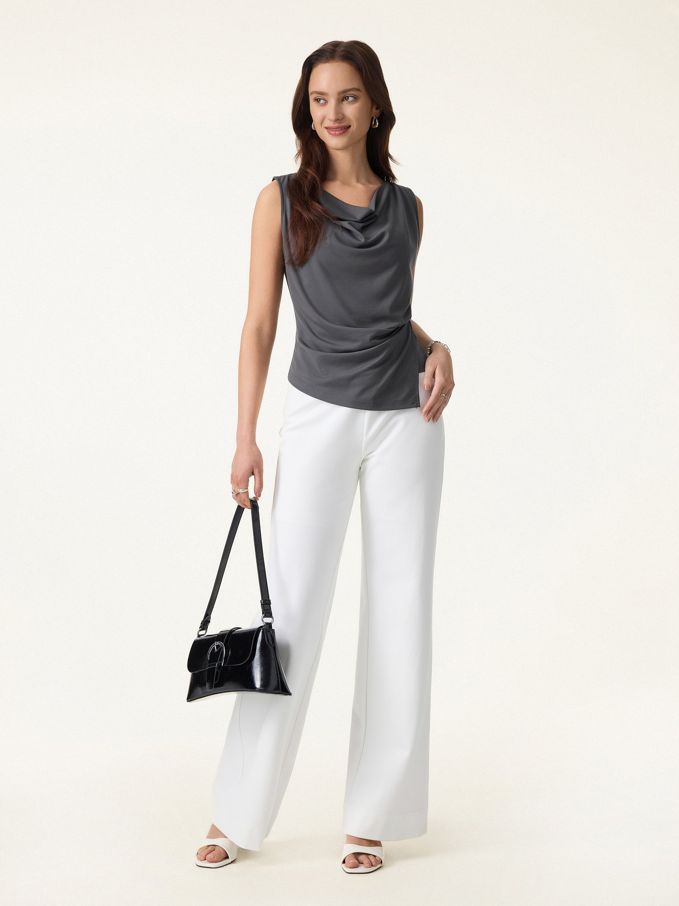 2Pcs Set Cowl Asymmetrical Tucked Top & Wide Leg Pants with Pockets