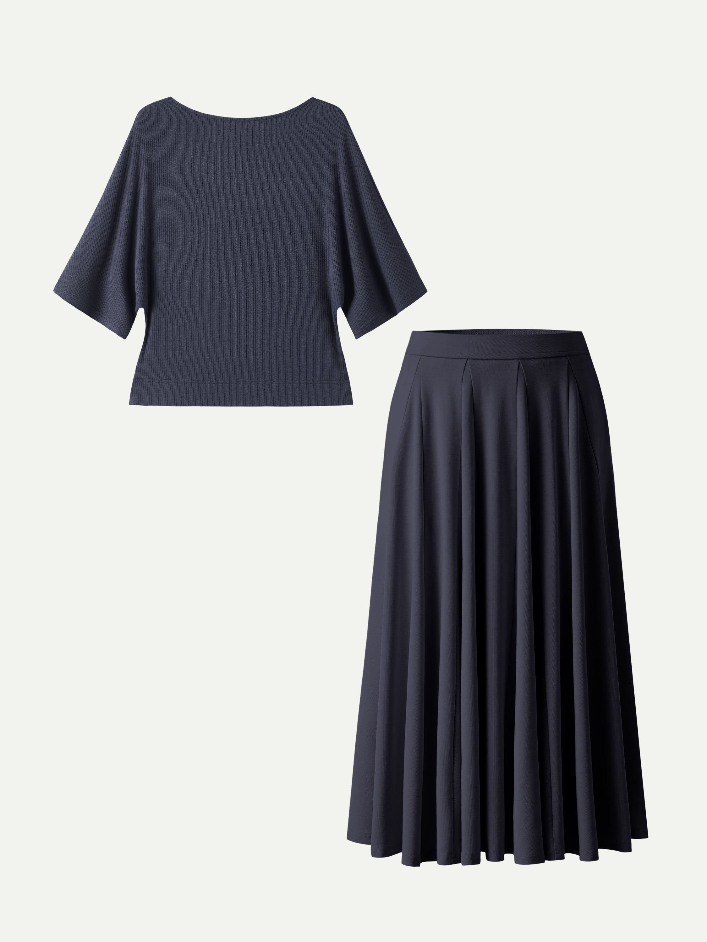 2Pcs Set Boatneck Top & Volume Skirt with Pockets
