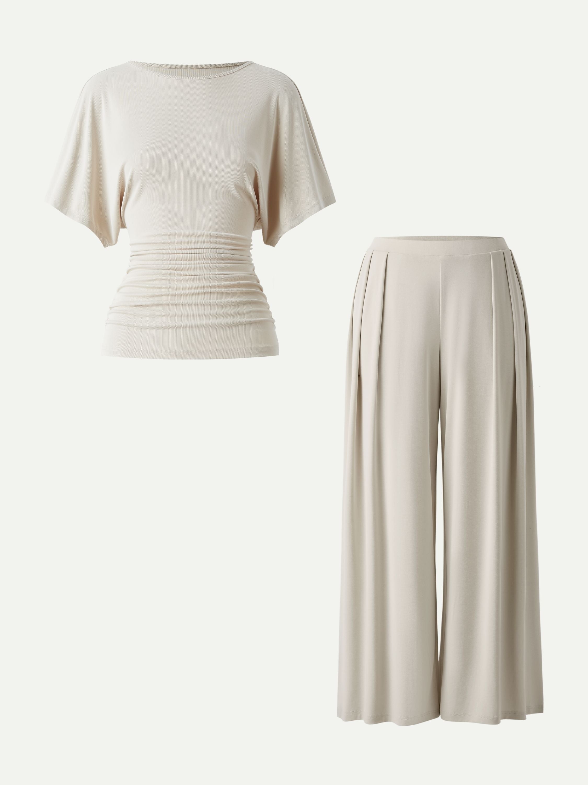 2Pcs Set Boatneck Batwing Sleeve Top & Wide Leg Palazzo Pants with Pockets