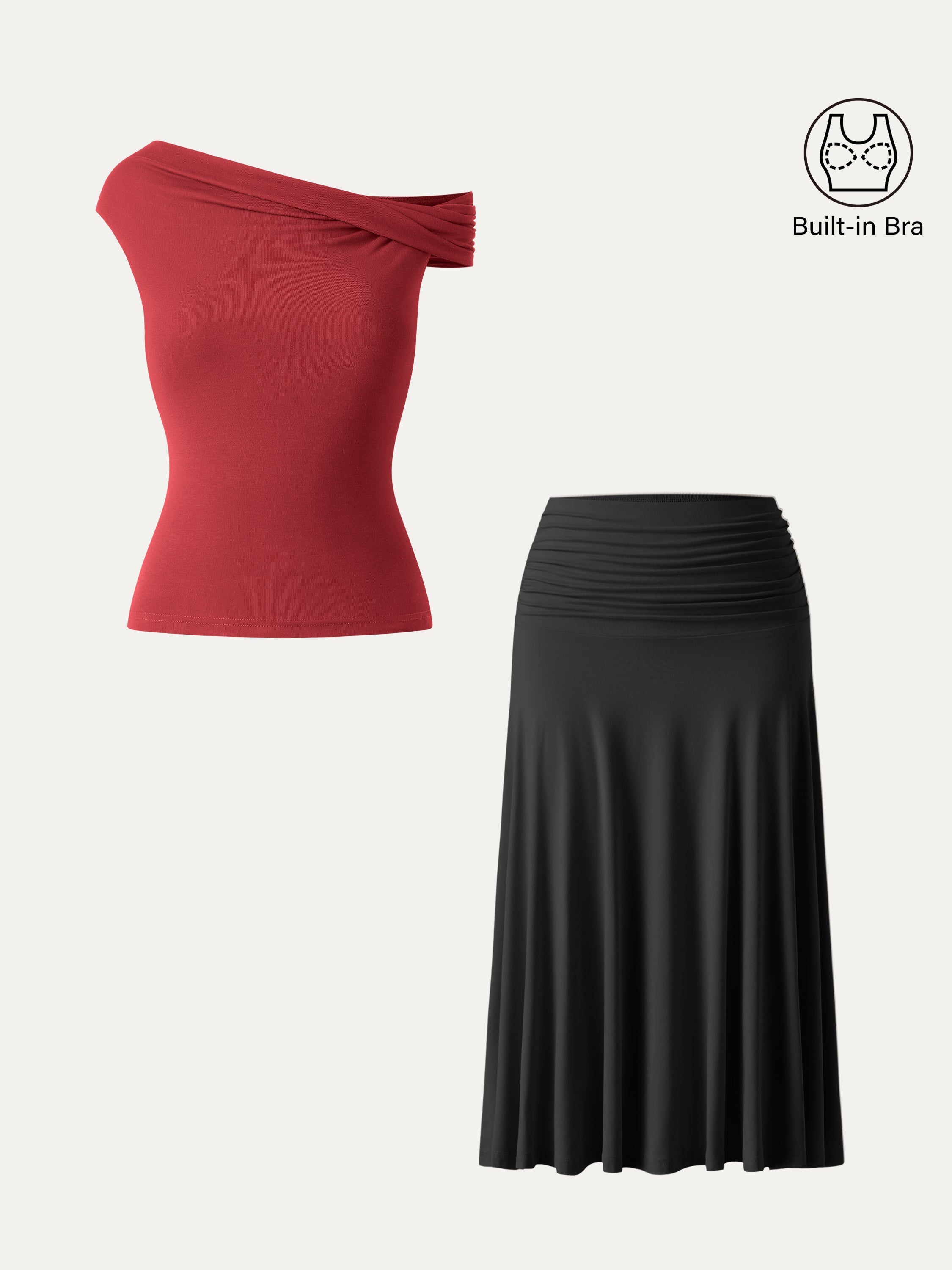 2Pcs Set Multi-wear Bra Top & Side Ruched A-line Midi Skirt