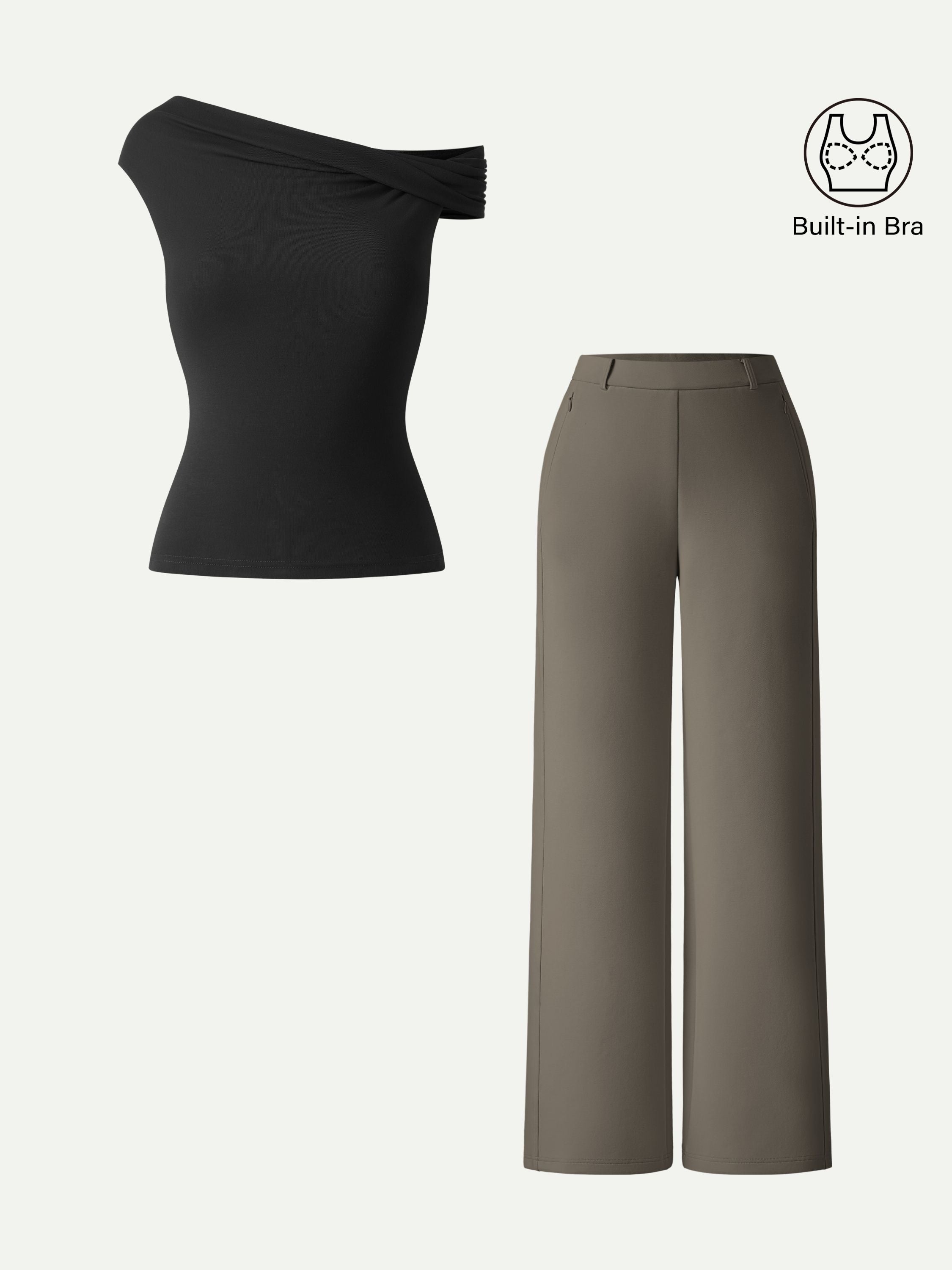 2Pcs Set Multi-wear Bra Top &  Slimming High Rise Wide Leg Pants