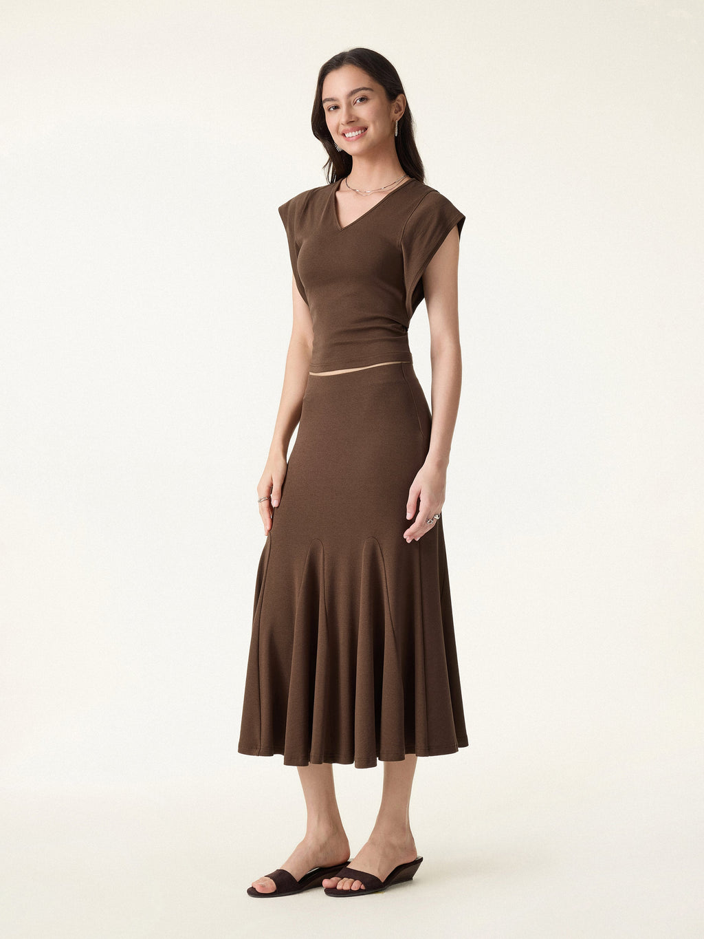 2Pcs Set Cotton Lyocell V-Neck Summer Tee & Flowy Flared Midi Skirt