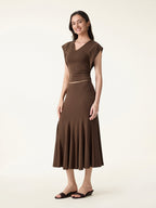 2Pcs Set Cotton Lyocell V-Neck Summer Tee & Flowy Flared Midi Skirt