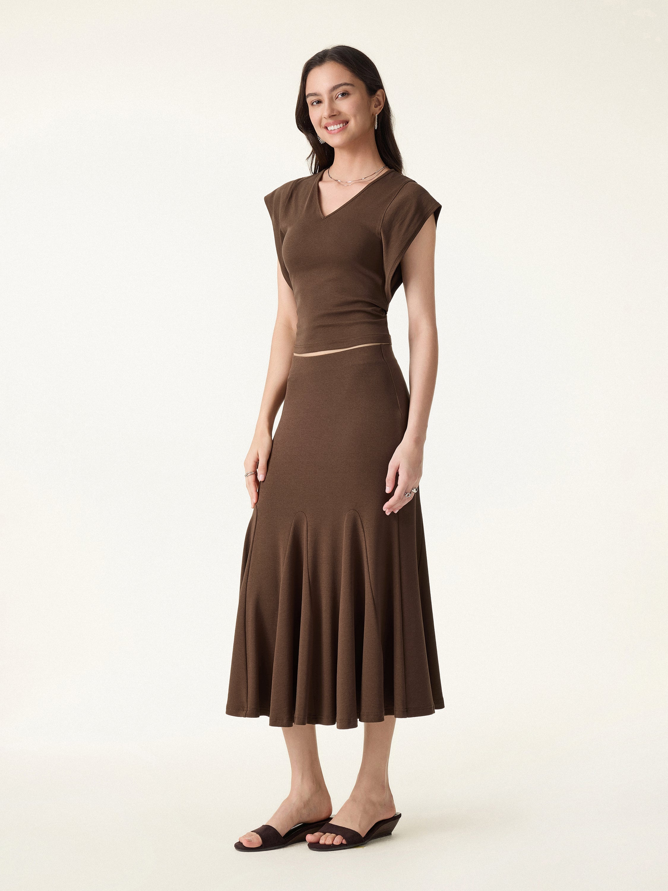 2Pcs Set Cotton Lyocell V-Neck Summer Tee & Flowy Flared Midi Skirt