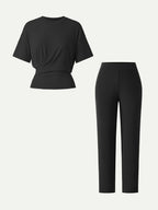 2Pcs Set Crewneck Tucked Tee & Mid Rise Tapered Pants with Pockets