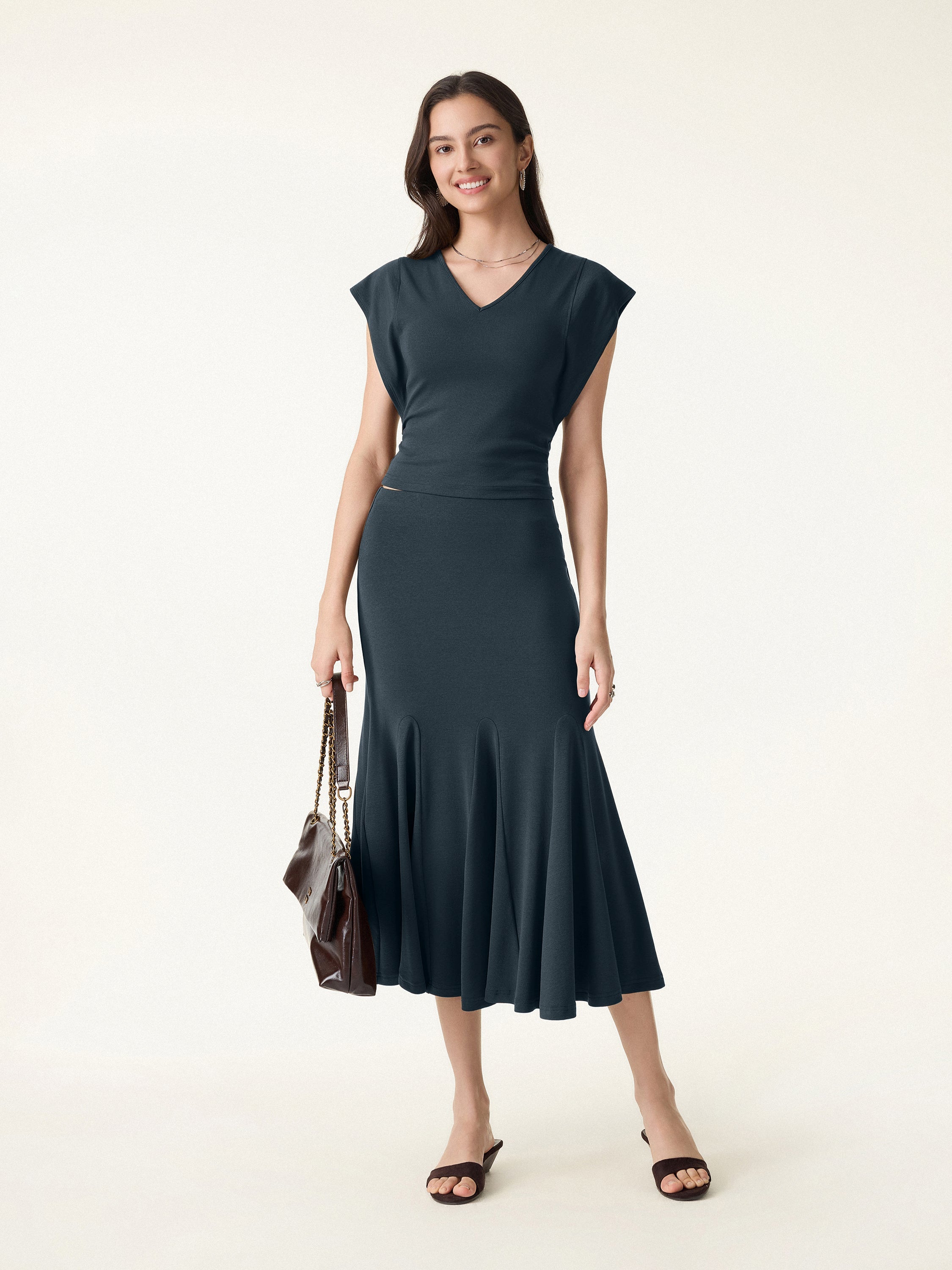 2Pcs Set Cotton Lyocell V-Neck Summer Tee & Flowy Flared Midi Skirt