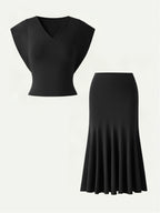 2Pcs Set Cotton Lyocell V-Neck Summer Tee & Flowy Flared Midi Skirt