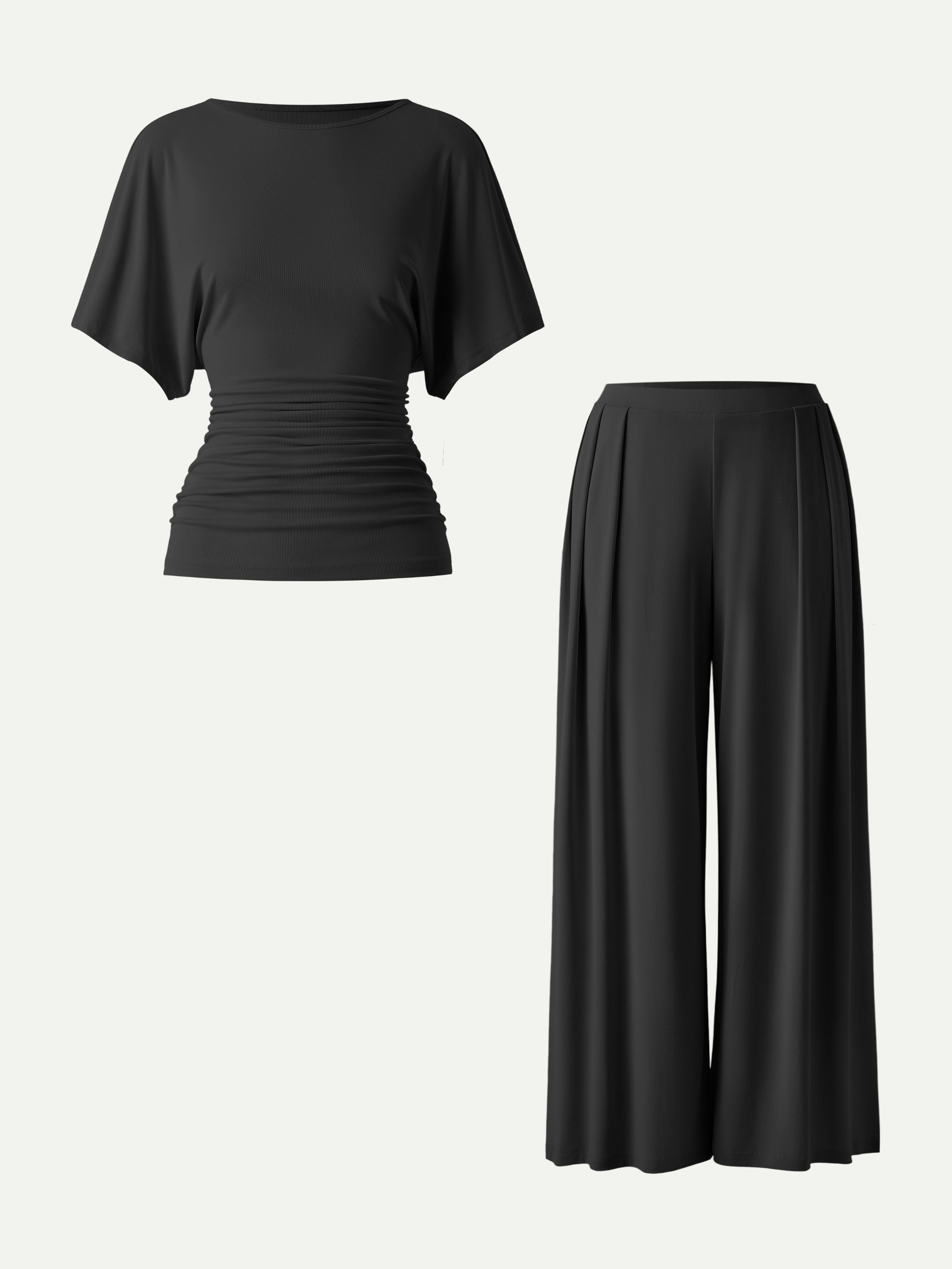 2Pcs Set Boatneck Batwing Sleeve Top & Wide Leg Palazzo Pants with Pockets
