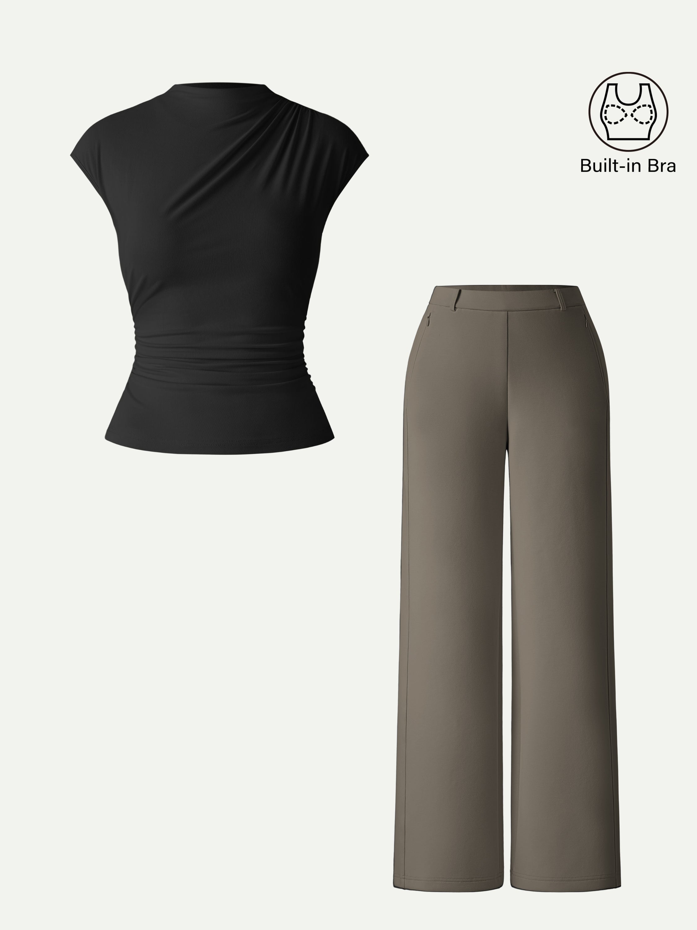 2Pcs Set Mockneck Cropped Bra Top & Slimming High Rise Wide Leg Pants