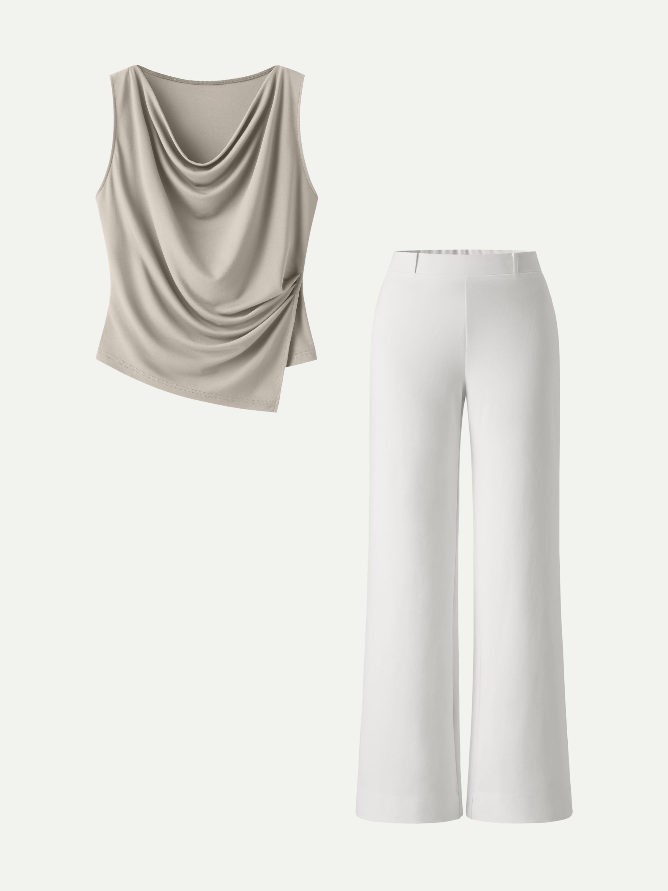 2Pcs Set Cowl Asymmetrical Tucked Top & Wide Leg Pants with Pockets