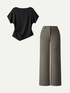 2Pcs Set Boatneck Angled Tee & Mid Rise Wide Leg Trousers