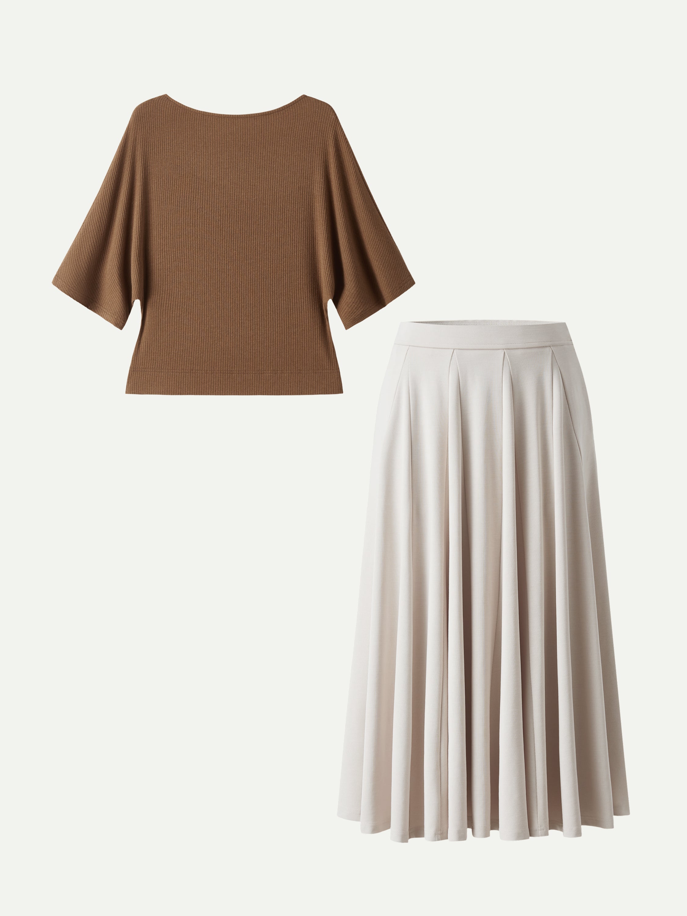 2Pcs Set Boatneck Top & Volume Skirt with Pockets