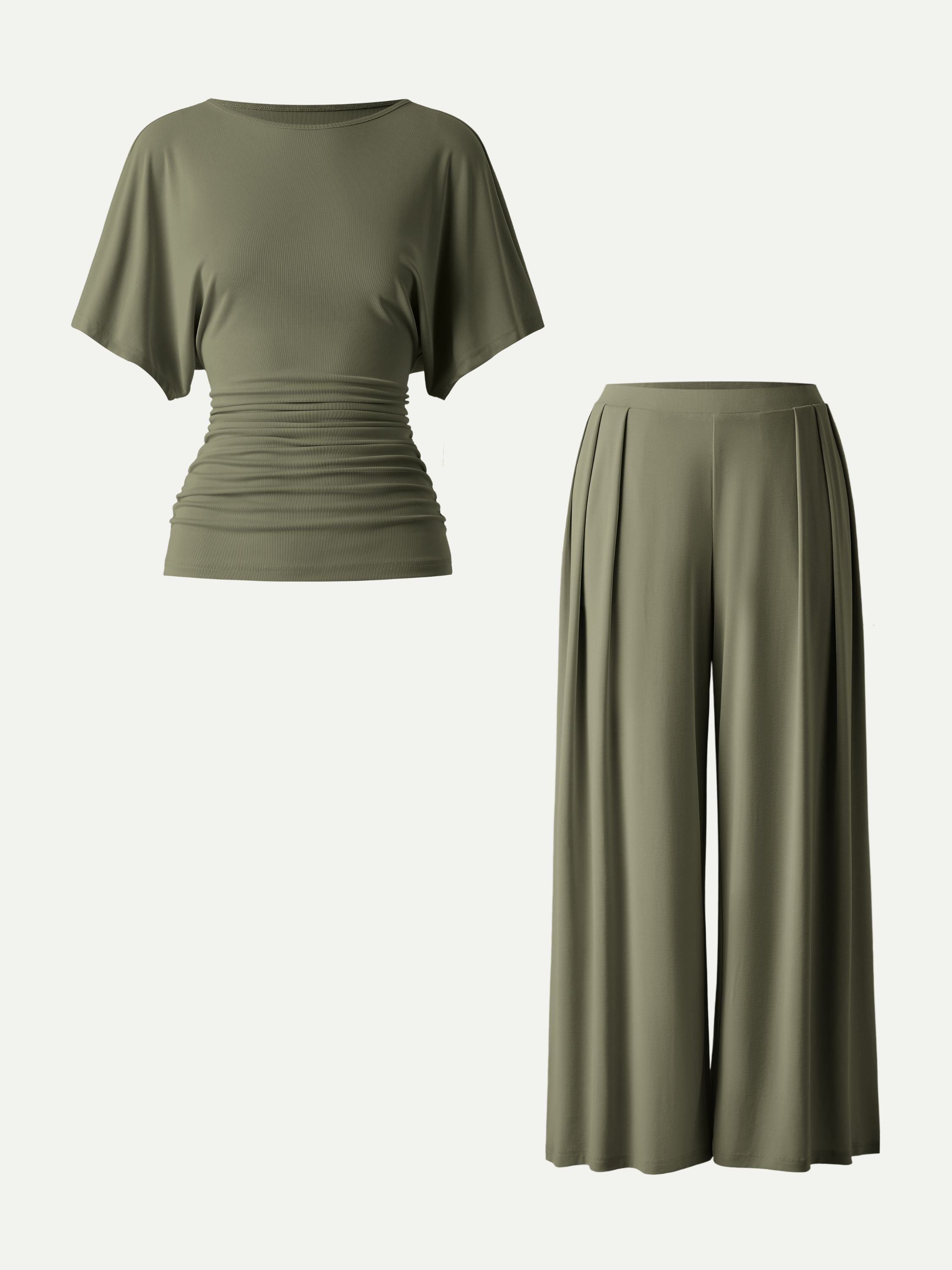 2Pcs Set Boatneck Batwing Sleeve Top & Wide Leg Palazzo Pants with Pockets