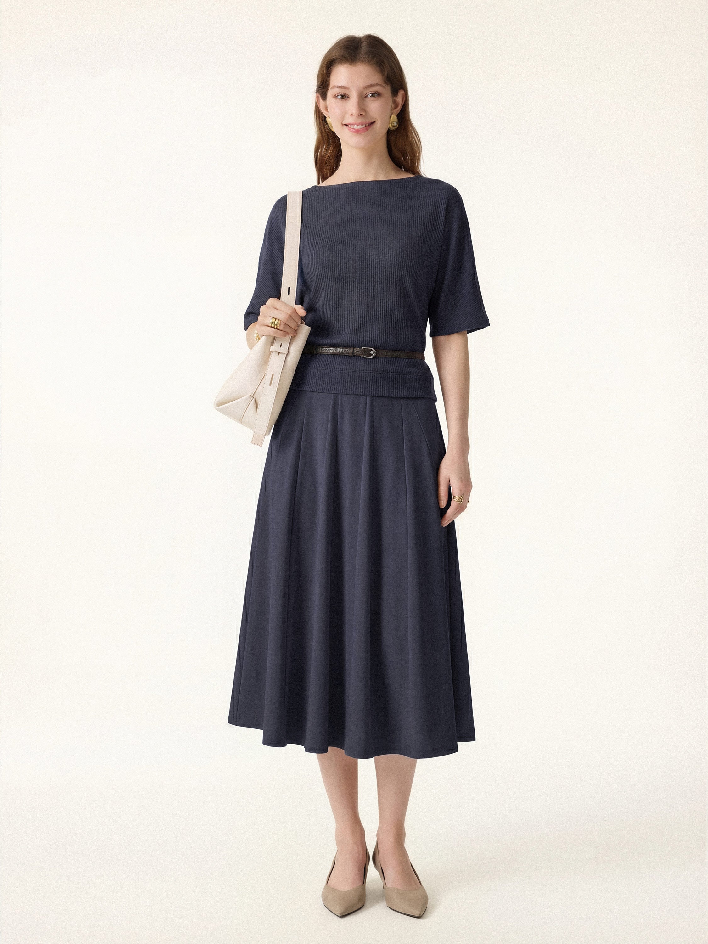 2Pcs Set Boatneck Top & Volume Skirt with Pockets