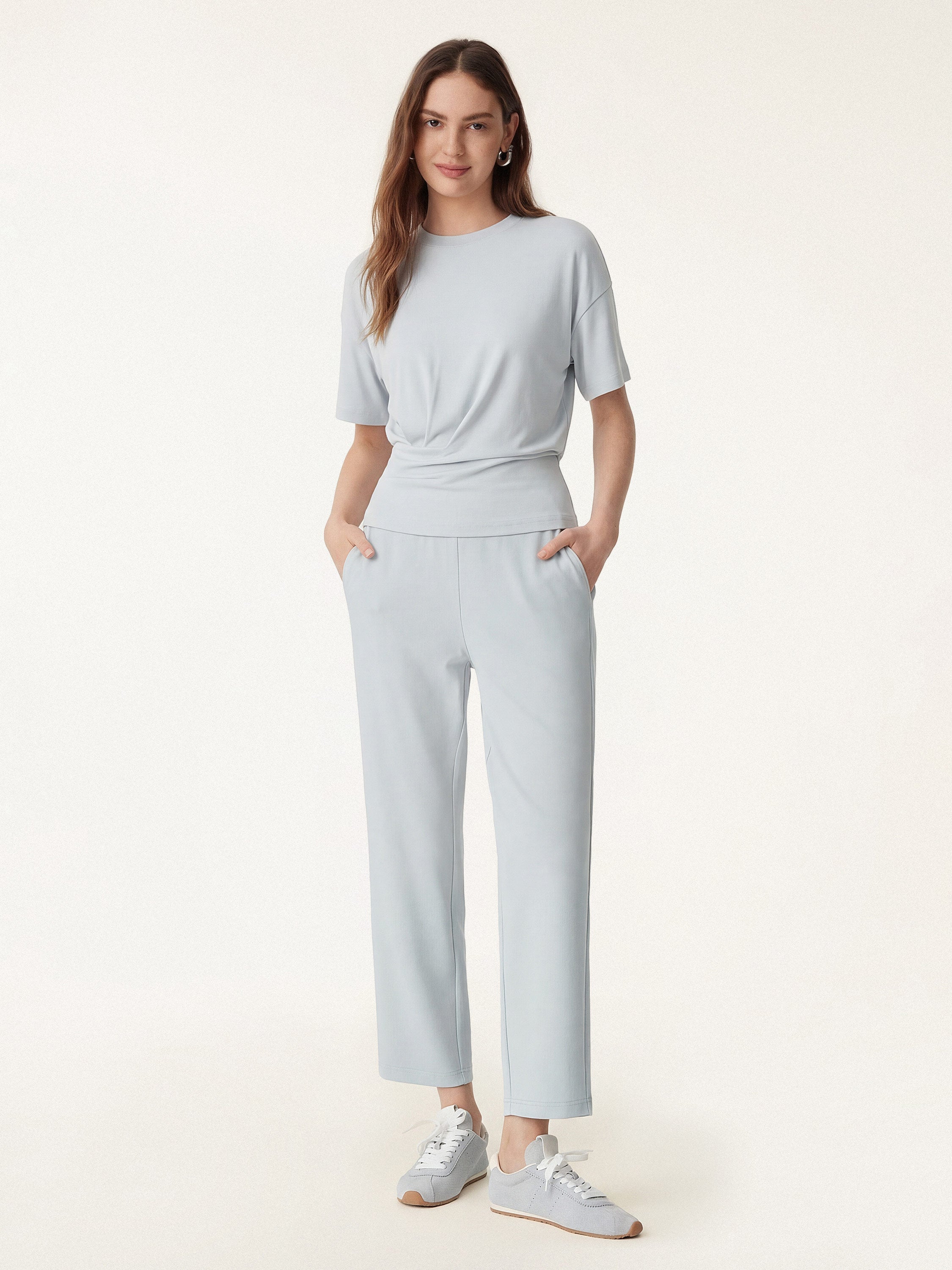 2Pcs Set Crewneck Tucked Tee & Mid Rise Tapered Pants with Pockets