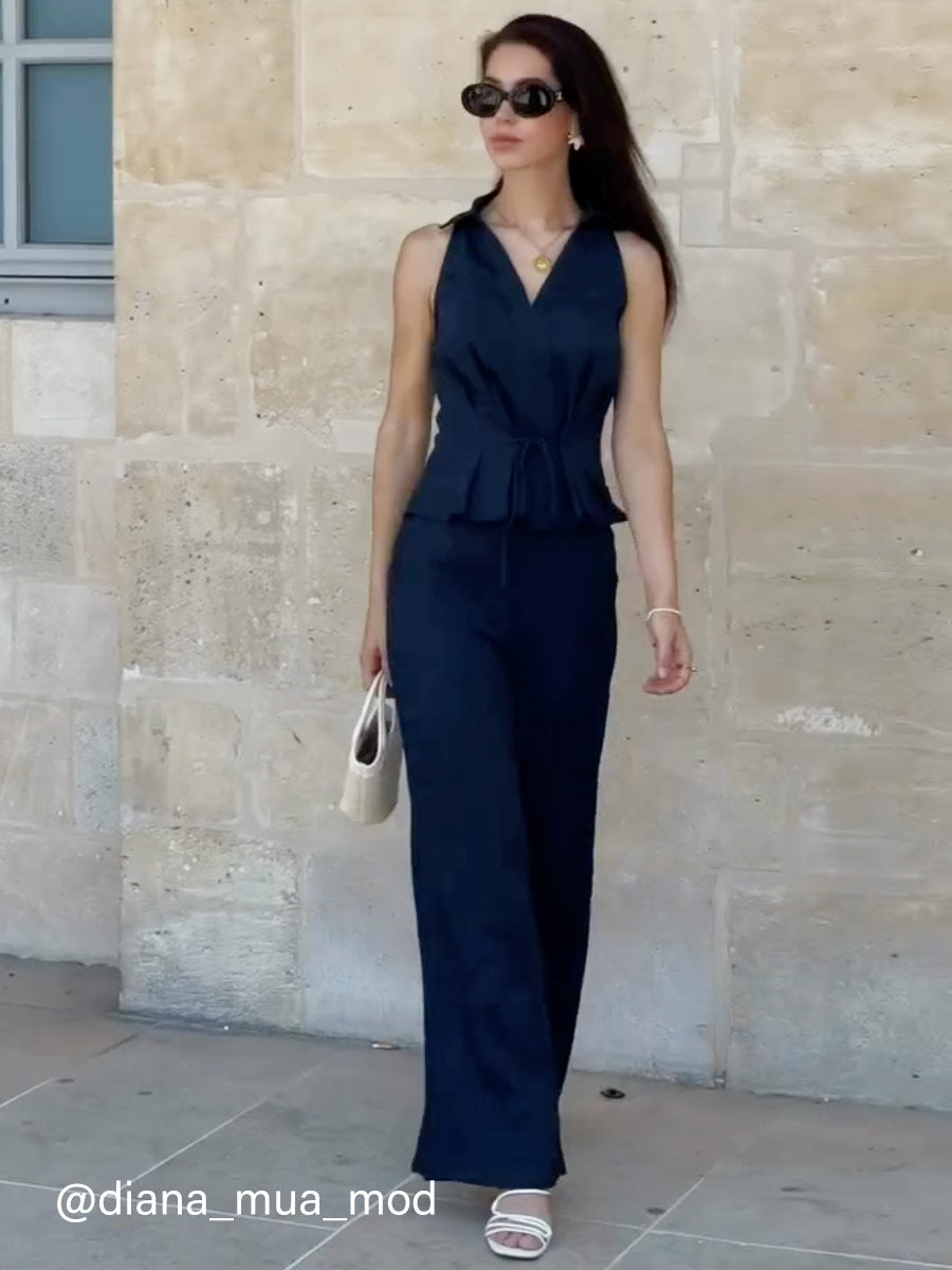 2Pcs Set Collared V-neck Sleeveless Top & Mid Rise Flared Pant with Pockets