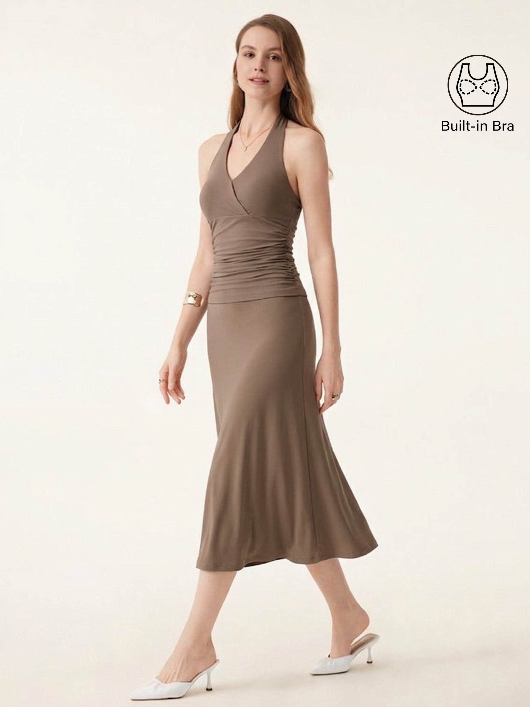 2Pcs Set Halter Neck Bra Tank & Pull-on Mermaid Midi Skirt