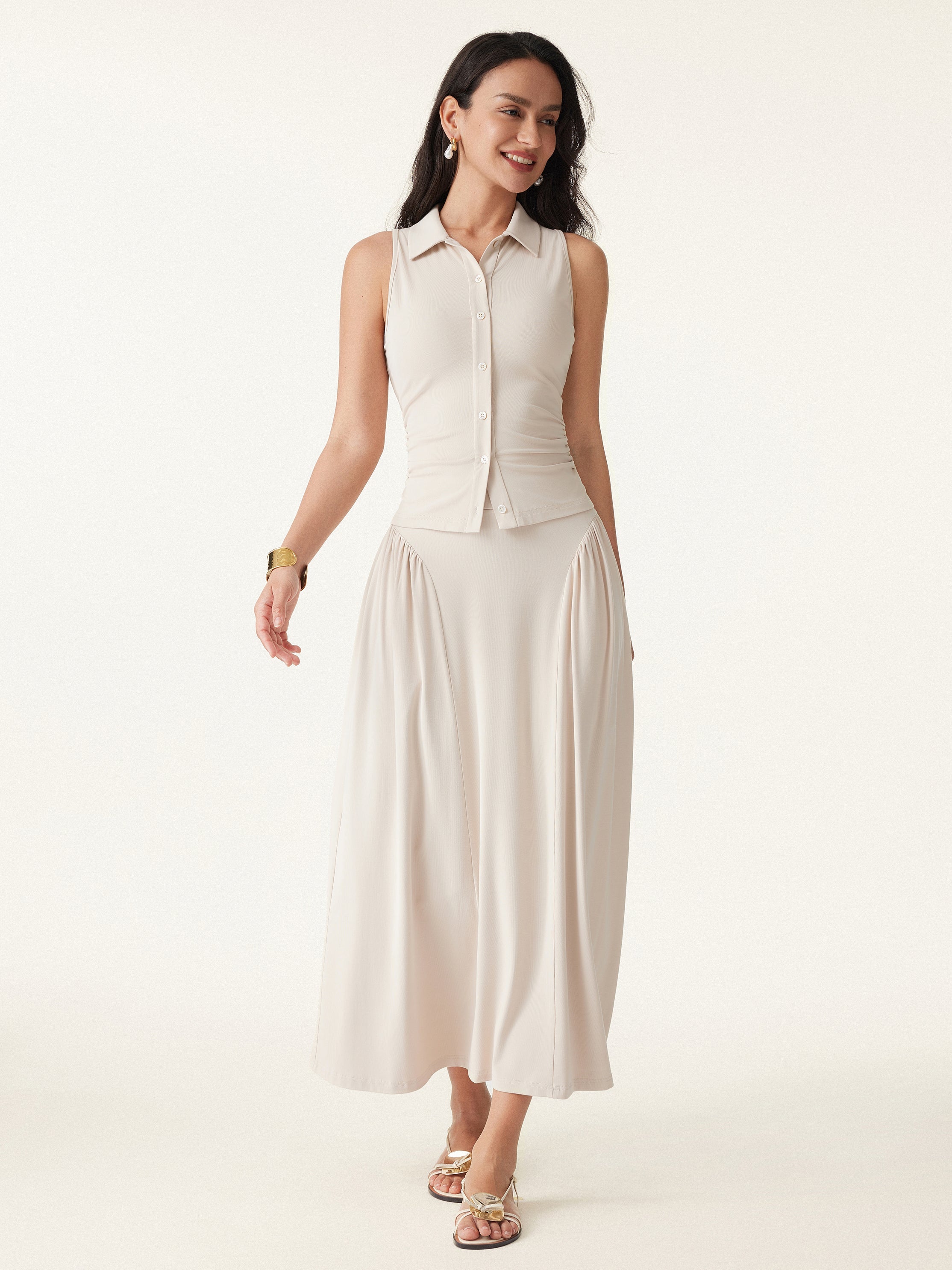 2Pcs Set Faux Button Placket Shirt Tank & Flared Midi Skirt with Pockets