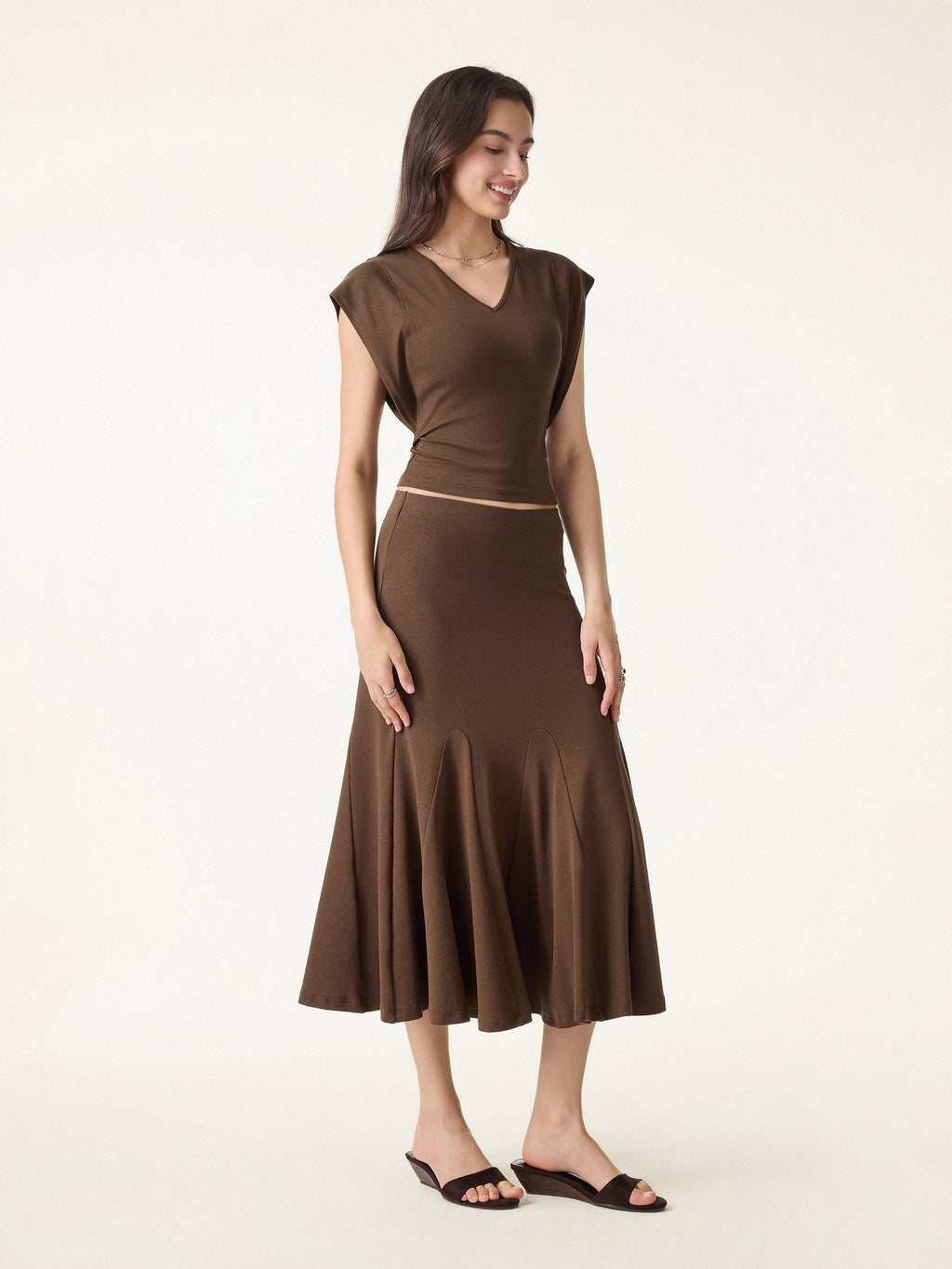 2Pcs Set Cotton Lyocell V-Neck Summer Tee & Flowy Flared Midi Skirt