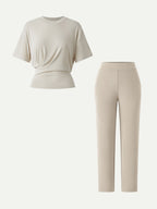 2Pcs Set Crewneck Tucked Tee & Mid Rise Tapered Pants with Pockets