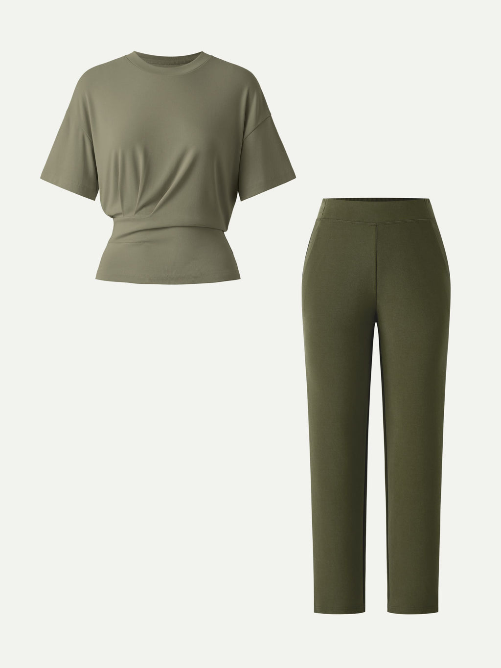 2Pcs Set Crewneck Tucked Tee & Mid Rise Tapered Pants with Pockets