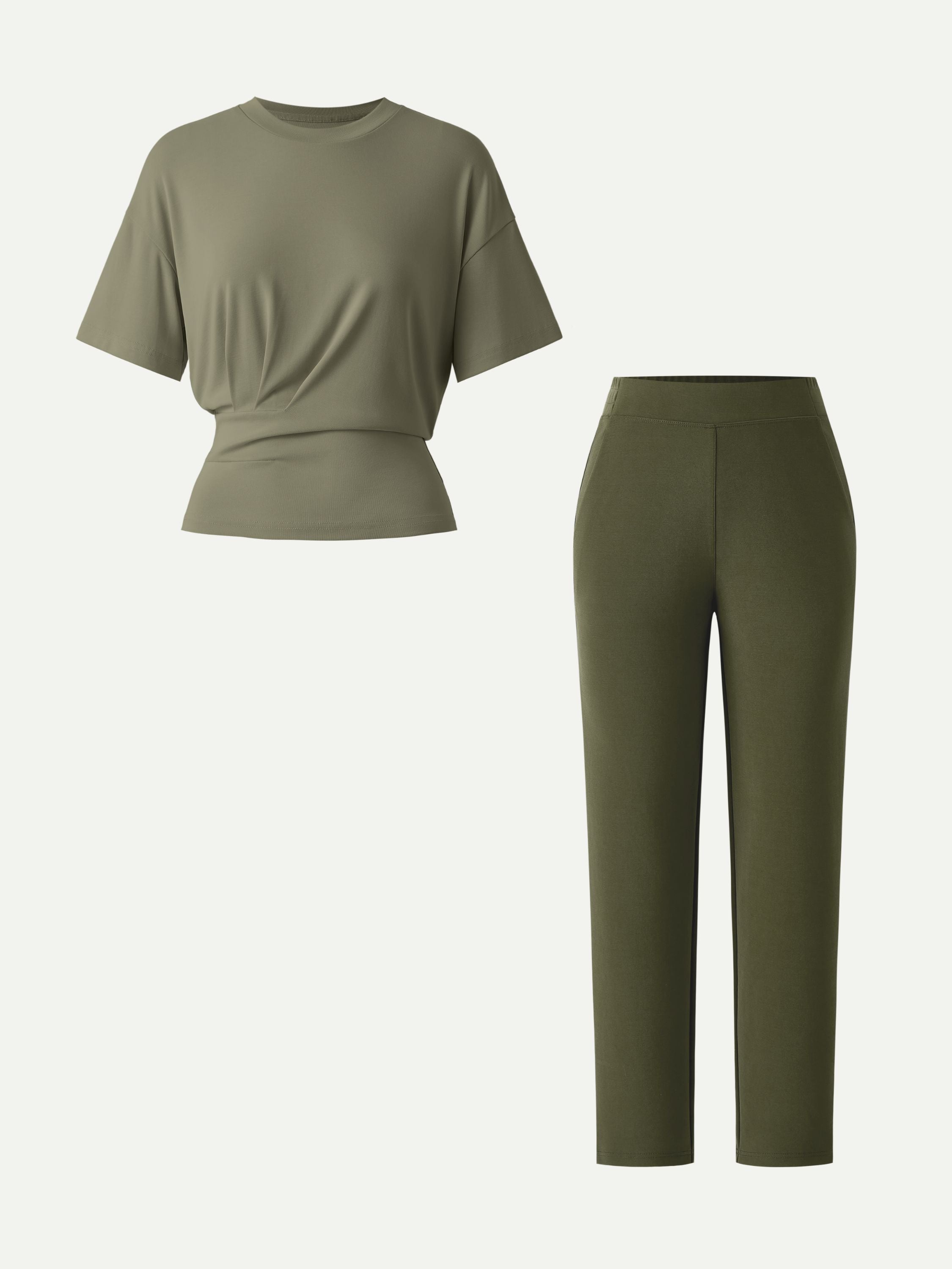 2Pcs Set Crewneck Tucked Tee & Mid Rise Tapered Pants with Pockets
