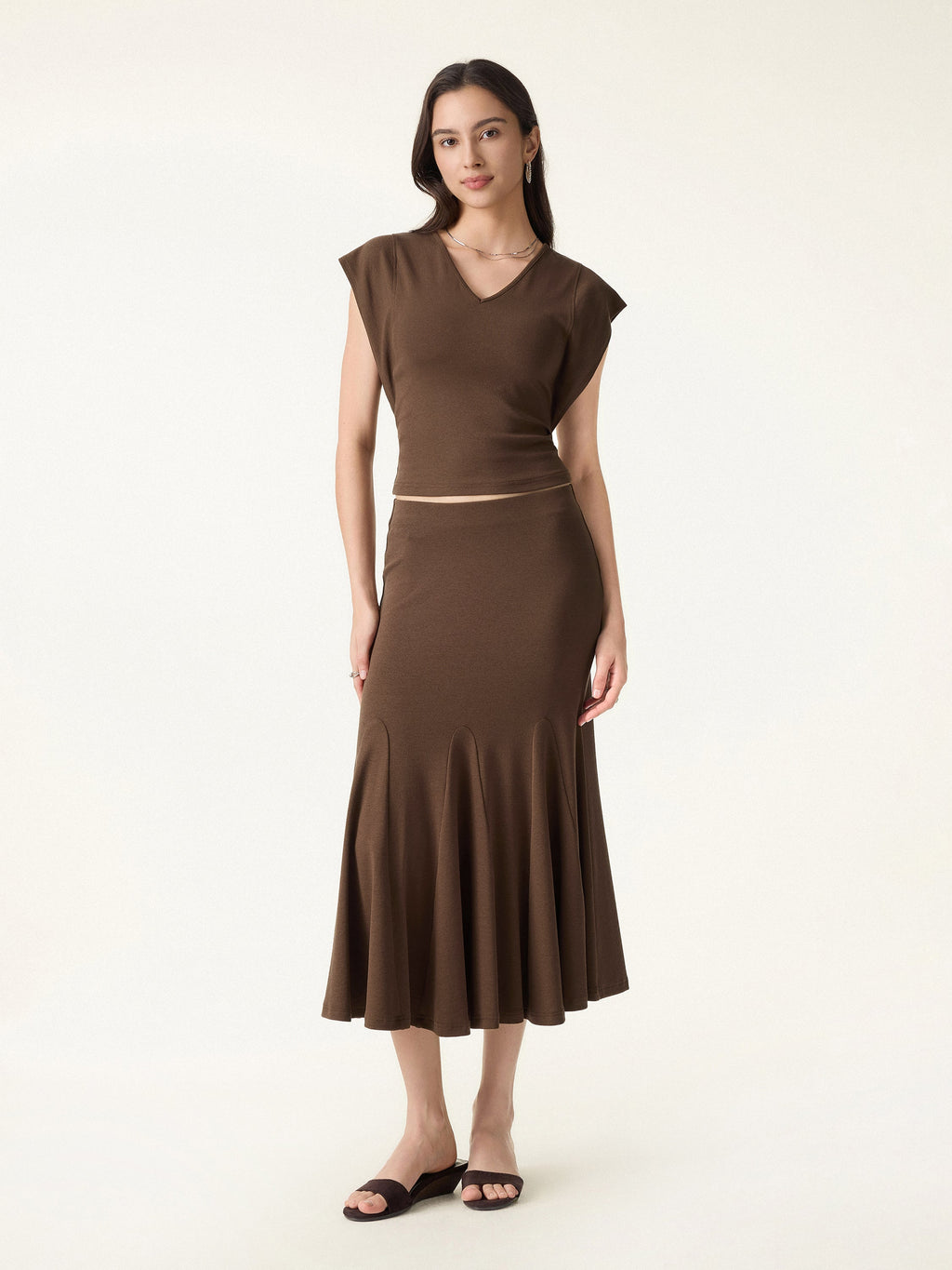 2Pcs Set Cotton Lyocell V-Neck Summer Tee & Flowy Flared Midi Skirt