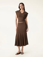 2Pcs Set Cotton Lyocell V-Neck Summer Tee & Flowy Flared Midi Skirt