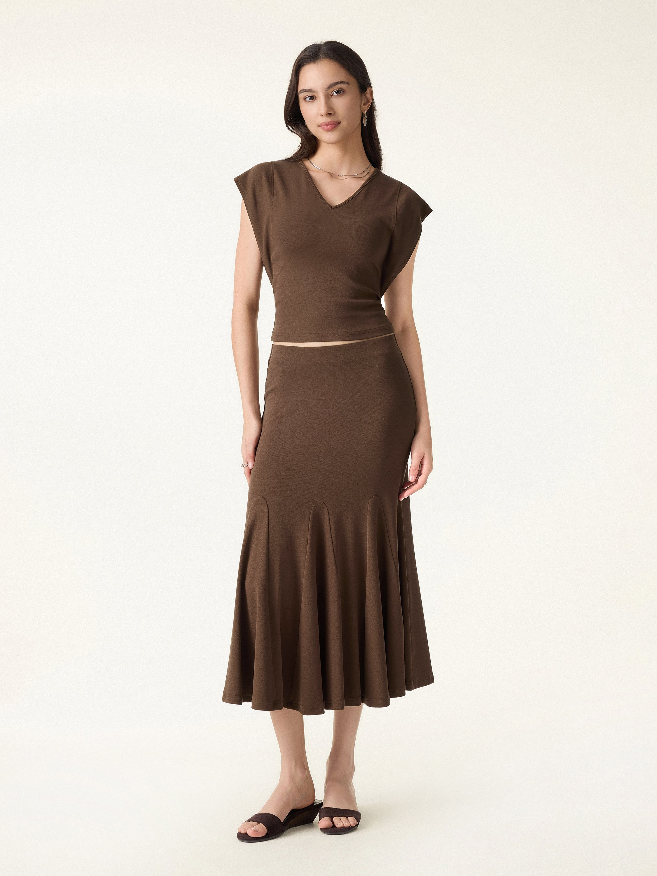 2Pcs Set Cotton Lyocell V-Neck Summer Tee & Flowy Flared Midi Skirt