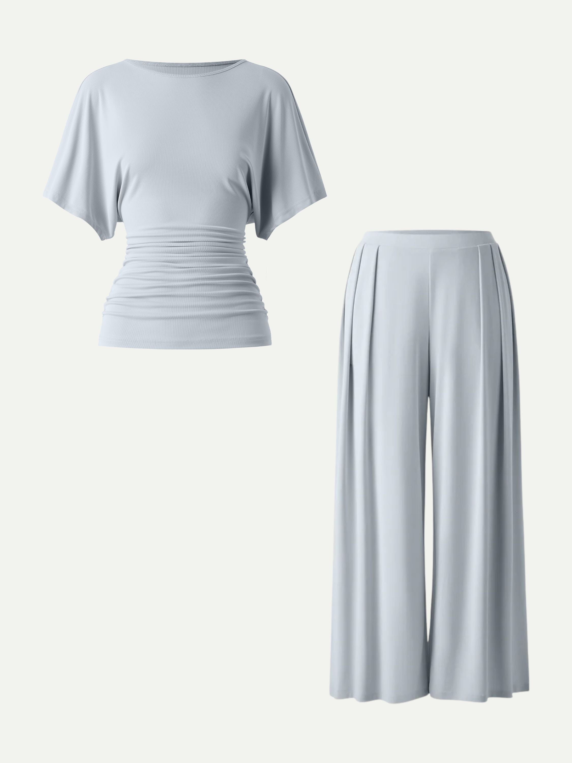 2Pcs Set Boatneck Batwing Sleeve Top & Wide Leg Palazzo Pants with Pockets