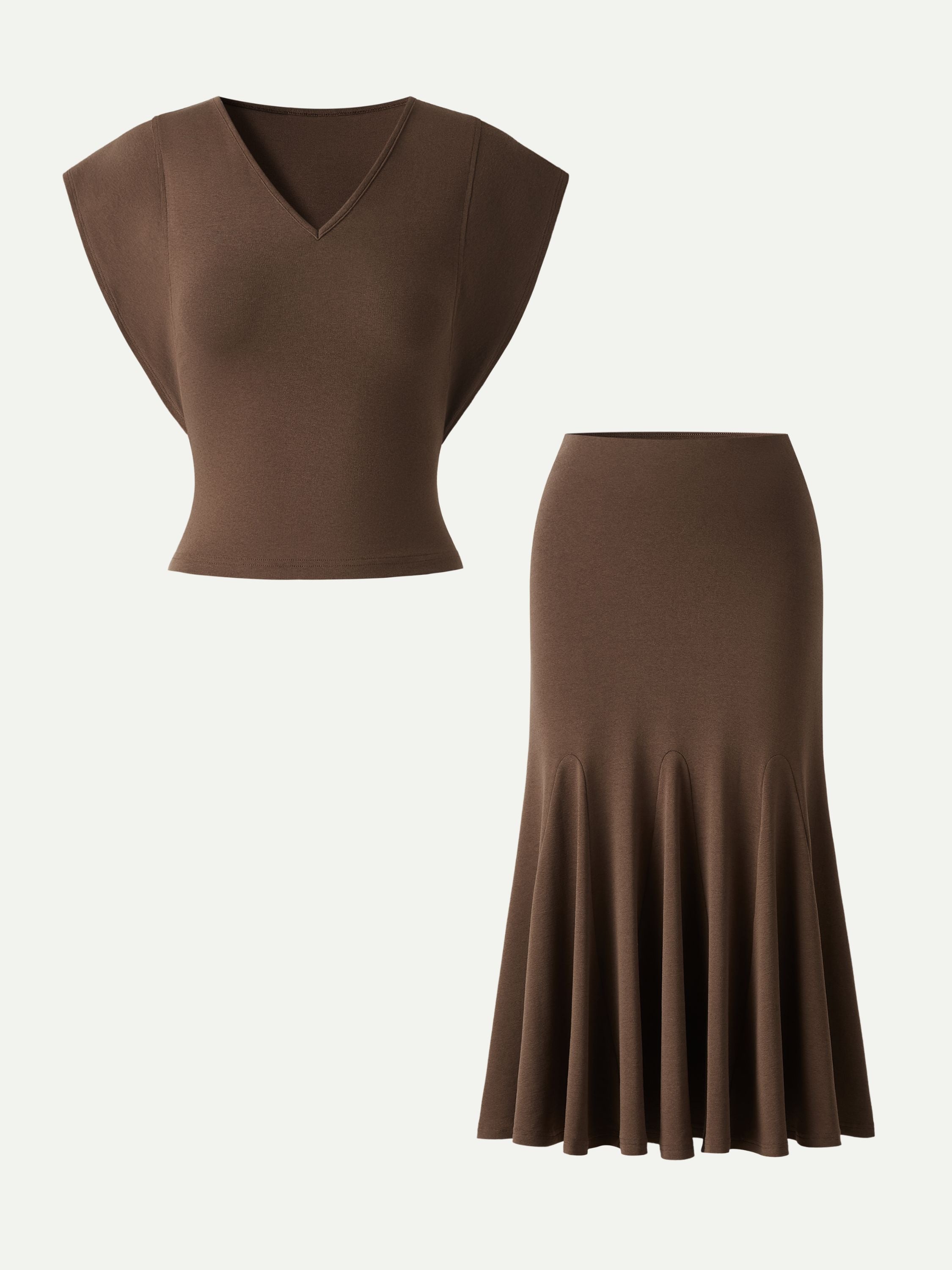 2Pcs Set Cotton Lyocell V-Neck Summer Tee & Flowy Flared Midi Skirt