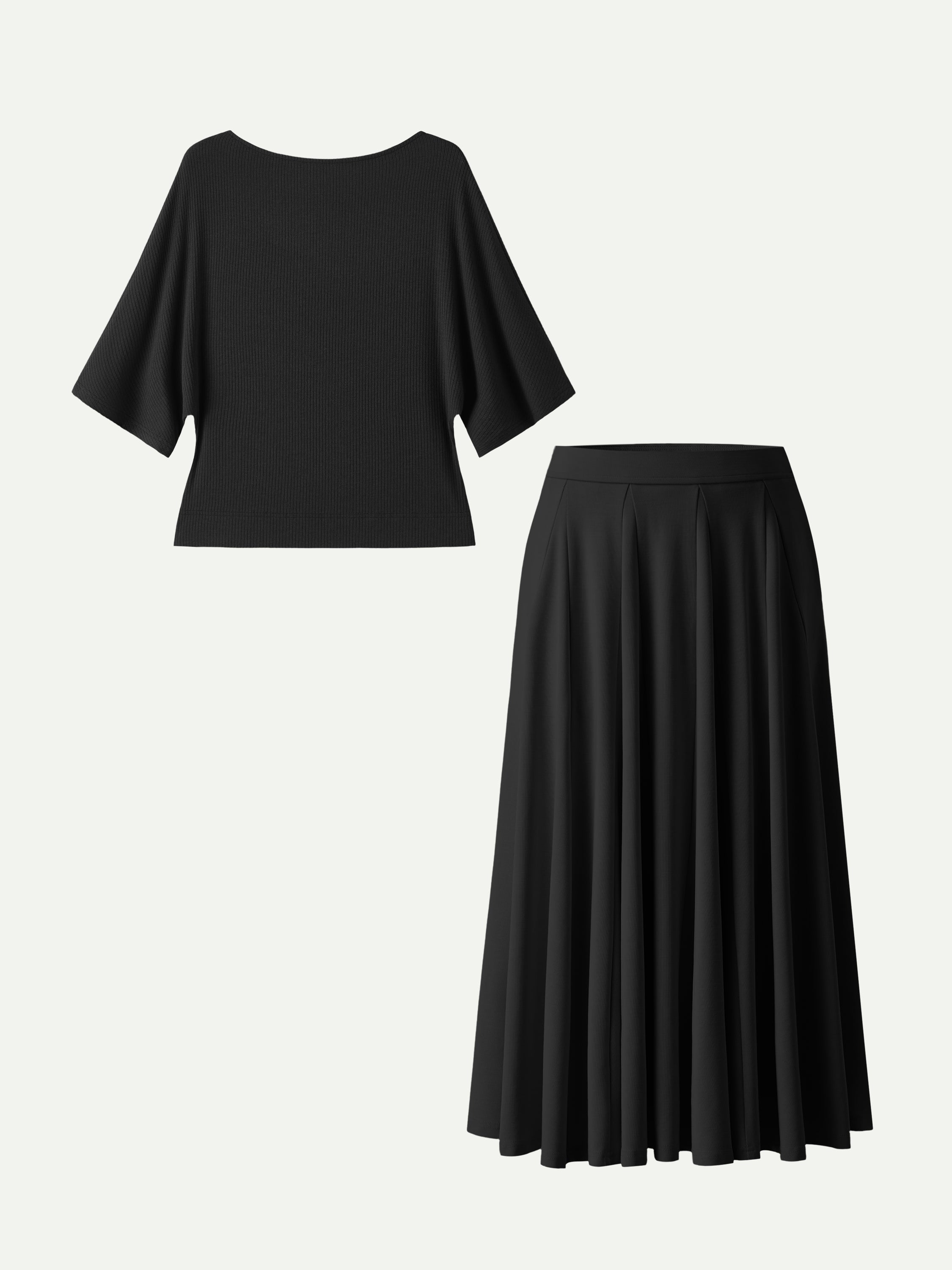 2Pcs Set Boatneck Top & Volume Skirt with Pockets